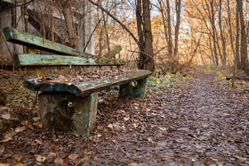 Old destroyed bench next to path