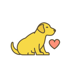 Cute dog puppy with red heart. Loved animal pets. Young Labrador retriever. I love dogs. Yellow pup with contour line. Vector illustration.