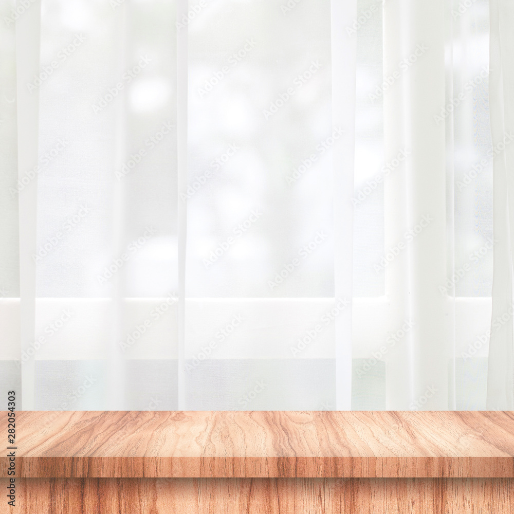 Aufkleber empty of wooden table top on curtain and window background with blur of nature environment morning c