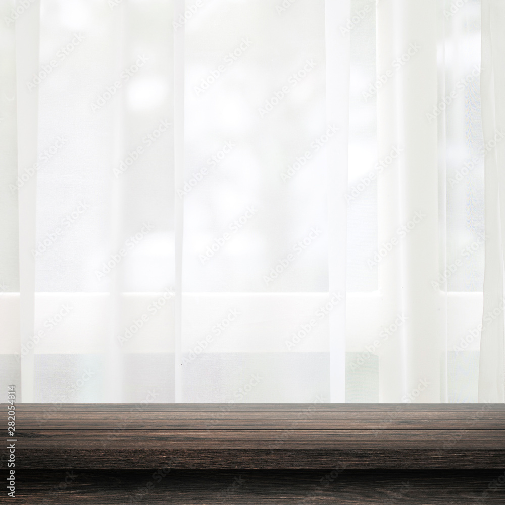Aufkleber Empty of wooden table top on curtain and window background with blur of nature environment morning concept. Black wood table and space for place your product or design.