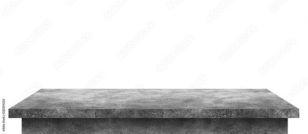 Aufkleber Empty cement table with stone pattern isolated on pure white background. Concrete desk and shelf display board with perspective floor. ( Clipping path )