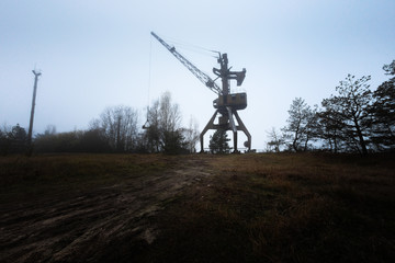 Rusty old industrial dock cranes at Chernobyl Dock, 2019