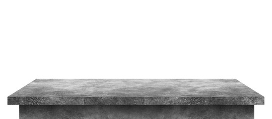 Empty cement table with stone pattern isolated on pure white background. Concrete desk and shelf...
