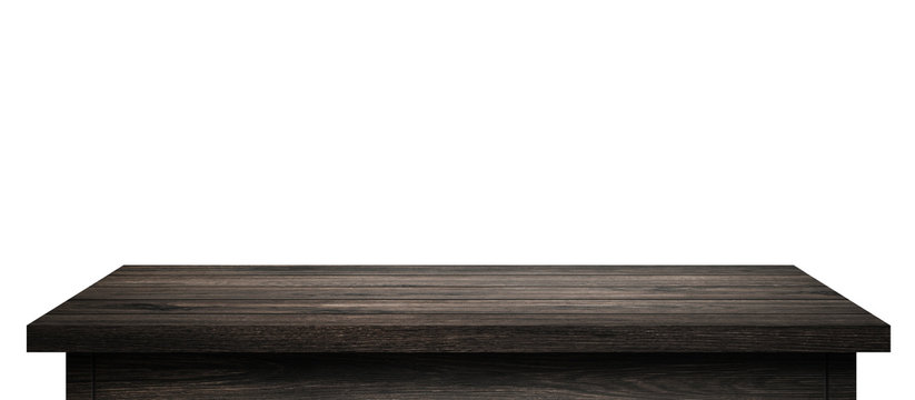 Empty Wood table with black wood planks isolated on pure white background. Wooden desk and black shelf display board with perspective floor. ( Clipping path )