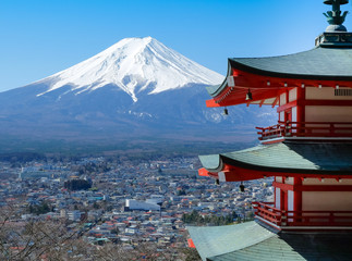 Chureito Pagoda with Mount Fuji in Sunny Day. Fujiyoshida City, Japan, This landmark is most popular for tourist attractions in Japan.