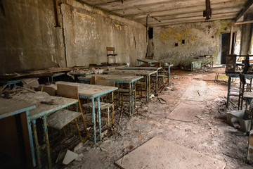 Fototapeta na wymiar Abandoned Classroom in School number 5 of Pripyat, Chernobyl Exclusion Zone 2019
