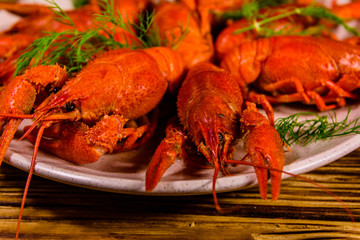 Plate with boiled crayfishes on wooden table