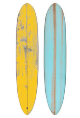 Retro wood longboard surfboard isolated on white with clipping path for object, vintage styles.