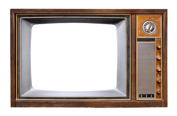 Rocznik telewizja - antykwarska drewnianego pudełka telewizja z wycinającym ramowym ekranem odizolowywa na bielu z ścinek ścieżką dla przedmiota, retro technologia - 282055980