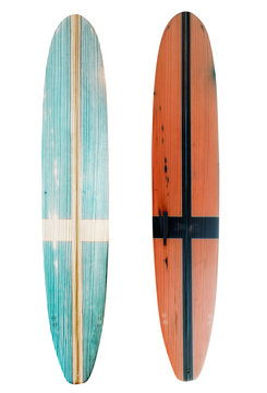 Retro wood longboard surfboard isolated on white with clipping path for object, vintage styles.