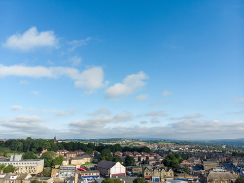Aerial photo of the Leeds town of Pudsey in West Yorkshire, England showing typical British streets and business taken on a sunny bright summers day.