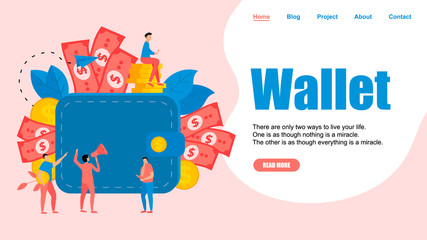 Webpage Template. Wallet with dollar banknotes and coins. Finance bank concepts.	