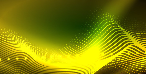 Fototapeta premium Glowing abstract wave on dark, shiny motion, magic space light. Techno abstract background
