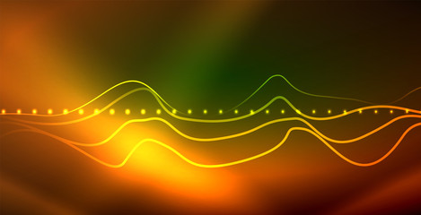 Glowing abstract wave on dark, shiny motion, magic space light. Techno abstract background