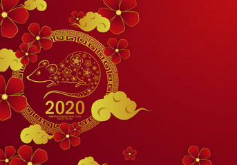 Chinese New Year 2020 Year of the Rat with paper cutting on a red background