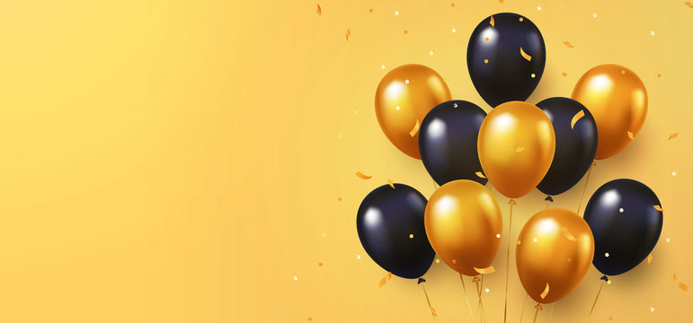 Celebration, festival background with helium balloons. Greeting banner or poster with gold and black realistic 3d vector flying balloons. Celebrate a birthday poster. Happy anniversary card. 