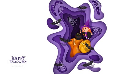 Happy Halloween 3d papercut layered design. Witch, pumpkin, bat, spiderweb, moon. Set of banners, flyers, posters with wavy multilayered effect. Vector illustration