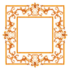 Baroque style elements. Watercolor hand drawn vintage engraving floral scroll filigree design frame.