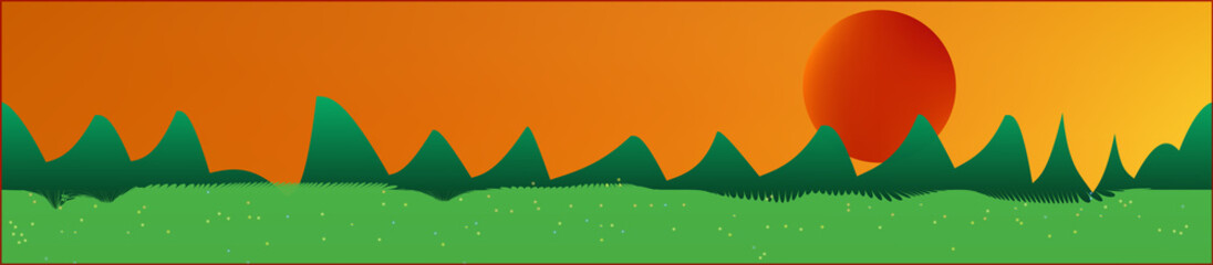 Orange red sky, and mountains landscape. 