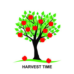 Vector illustrations of harvest time card with Apple tree