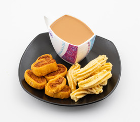 Indian Traditional Spicy Snack Ghatiya With Bhakarwadi Also Know as Ganthiya, Papdi, Gathiya, Bakarwadi, Bakarvadi, Bakar Vadi or Bakar Wadi Are Deep Fried Snack Made From Chickpea Flour.