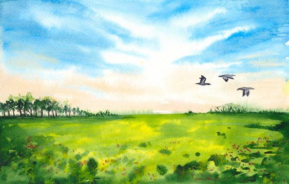  Watercolor picture of a green field with trees in the distance and flying ducks