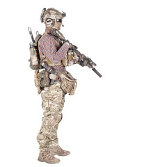 Airsoft player aiming service rifle studio shoot