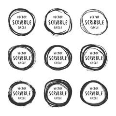 Hand drawn scribble circles with text vector set. Logo design and decoration elements