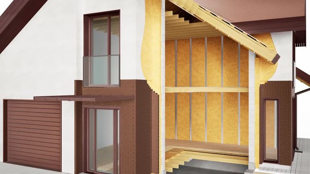 Cutaway of house. Visible structures, interior and insulation. Red bricks. 60 fps animation.