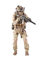 Obraz premium Equipped army soldier aiming rifle studio shoot