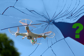 a white heliocopter, a drone flying in the sky above the trees, reflected in a mirror broken into shards, a red question mark in a large black shard, a problem concept