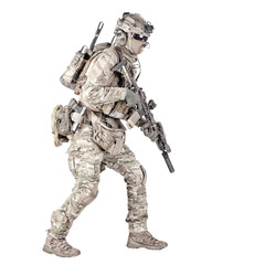 Running soldier with rifle isolated studio shoot