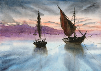  Watercolor picture of sailing boats in the sea in evening with faraway city in the background