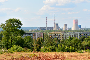 Bedzin landscape with houses and power plant, electricity production. Poland.