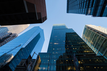 Looking up at tall high skyscraper buildings in San Francisco in the Financial District, California