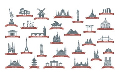 World architectural attractions. Stylized flat icons. Vector illustration