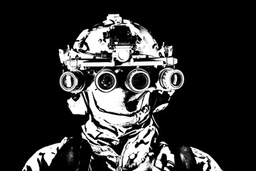 Soldier in night view goggles low key studio shoot