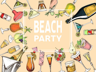 Invitation for coktail beach party. Illustration with cocktails sketches. Hand drawn pattern cocktails bar menu.
