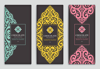 Luxury packaging design of chocolate bars. Great for food and drink or other package types. Vector ornament template with vintage elements. Can be used for background and wallpaper.