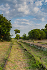 Fototapeta na wymiar Train rails at the deserted Kaiafas train station, Zacharo, Greece