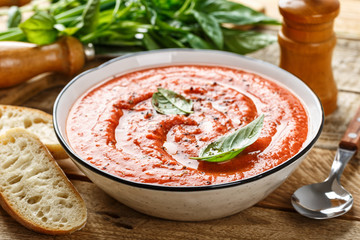 Gazpacho soup. Traditional spanish cold tomato soup of fresh raw vegetables