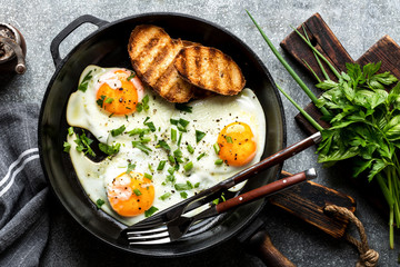 fried eggs in a cast iron pan top view