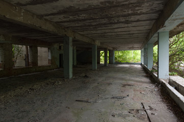 Abandoned trading room. Trading pavilion. Windows and shop windows.