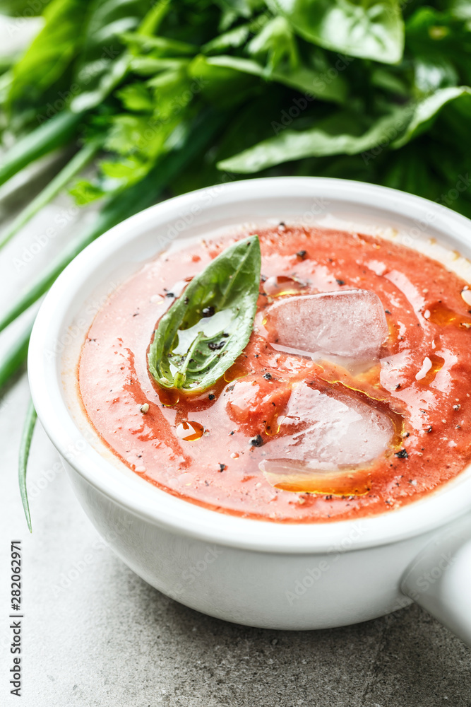 Wall mural Gazpacho soup. Traditional spanish cold tomato soup of fresh raw vegetables