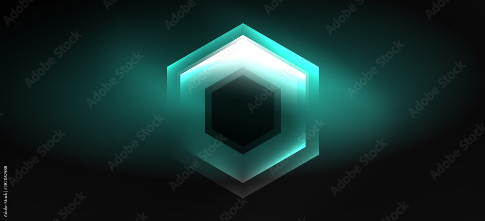 Fototapete Neon color hexagon shapes, lines on black background. Modern template for web backdrop design. Abstract geometric frame