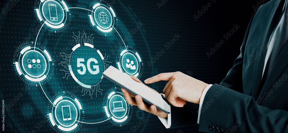 Poster hand with cellphone and 5g interface