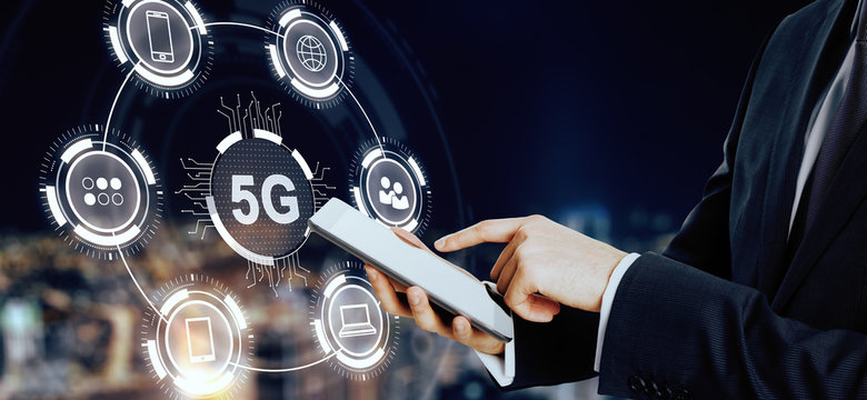 Hand with cellphone and 5G interface - Powered by Adobe