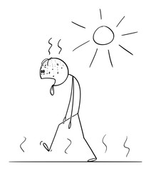 Vector cartoon stick figure drawing conceptual illustration of thirsty and exhausted man walking in sunny day in summer with tongue lolling out.