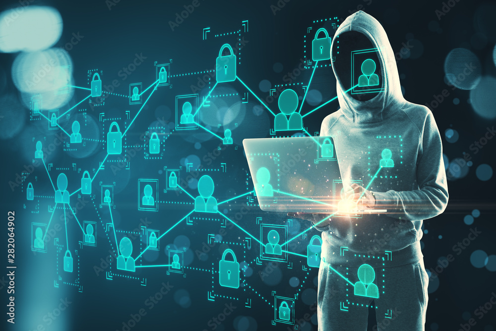 Poster Hacker using laptop with social network