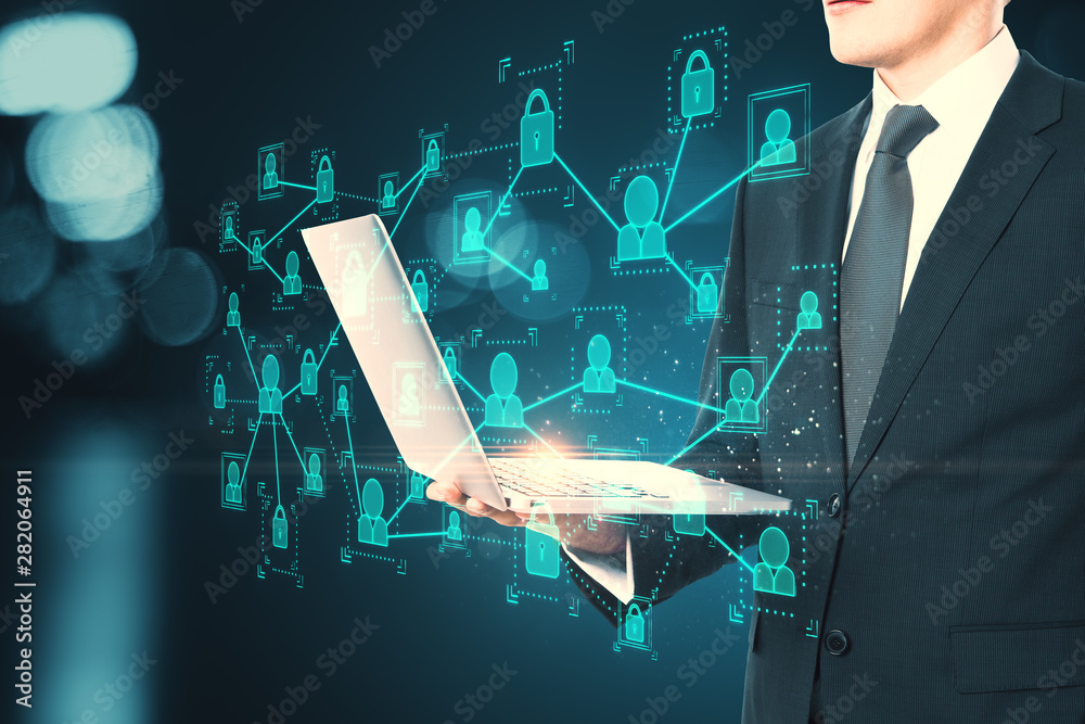 Poster businessman using notebook with social network